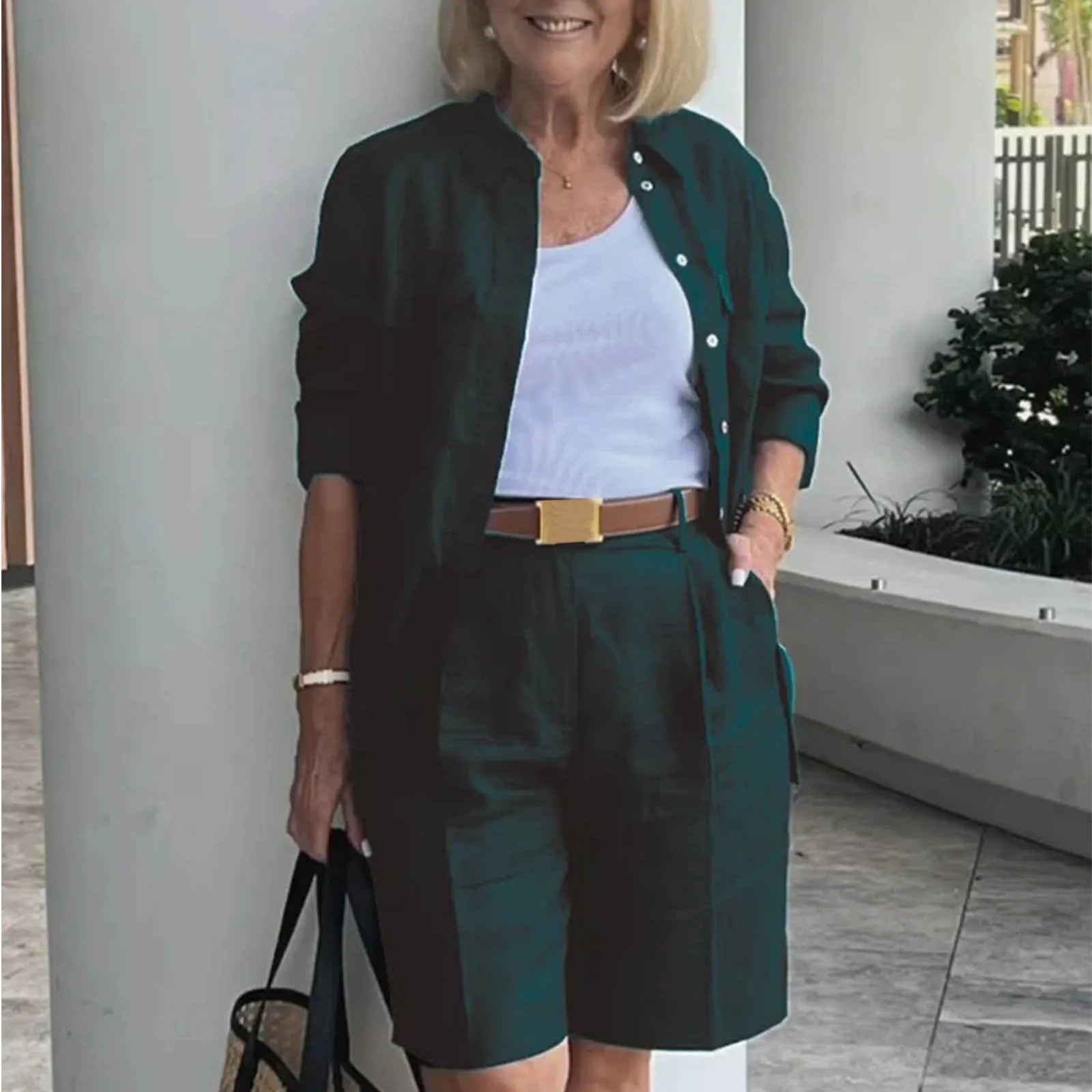 Elegant 2-Piece Sets For Women Womens Cardigan Shirt Top Summer Solid Color Casual Shorts Two Piece In Matching Sets 250516