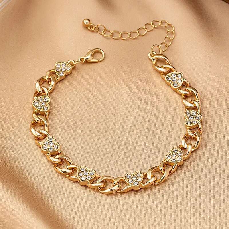 2Pcs Metal Chains Link Bracelets For Women New Trendy Gold Plated Rhinestone Heart Charm Bracelet Necklace Fjewelry Set