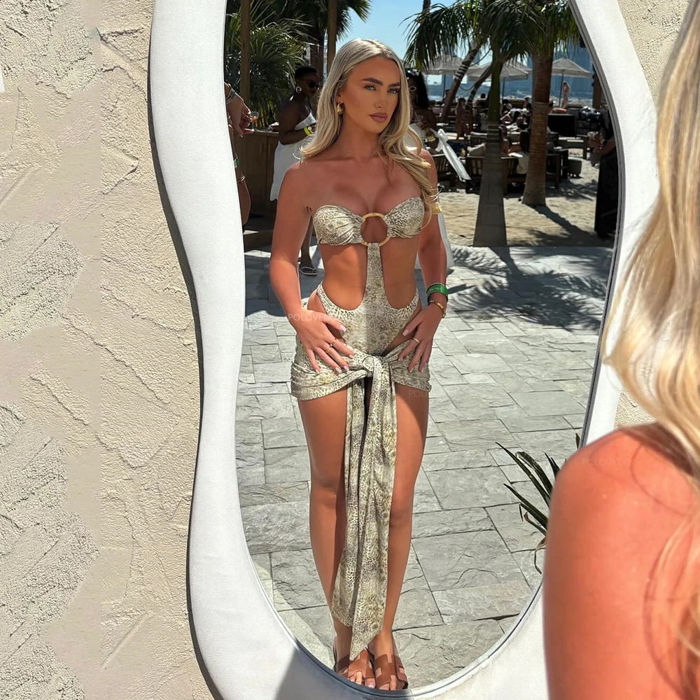 Bandeau Two Piece Swimsuit With Short Skirt Leopard Women Sexy Swimwear Bikini Biquini Bathingsuit Female Bodysuit Beachwear 250519