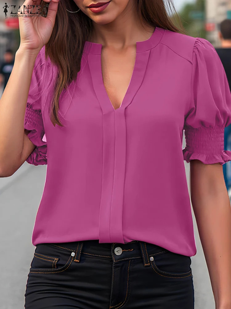 ZANZEA Stylish Women V Neck Short SleeveBlouse Summer Solid Shirt Elegant Work OL Tunic Tops Casual Holiday Beach Blusas 250520
