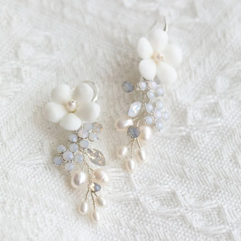 SLBRIDAL Ins Sparkling Opal Crystal Rhinestones Porcelain Flower Freshwater Pearls Bridal Wedding Earring Women Girls Earrings 250517
