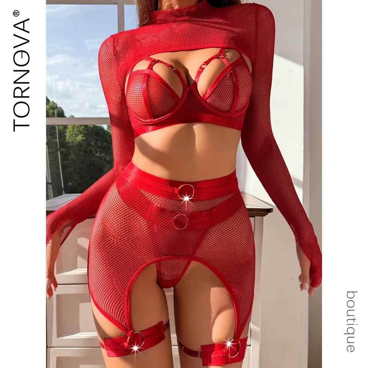 Sexy Lingerie Set for Women Hollow Mesh See-through Sexy Temptation Underwear Long Sleeves Garters Lingerie Set New R250520