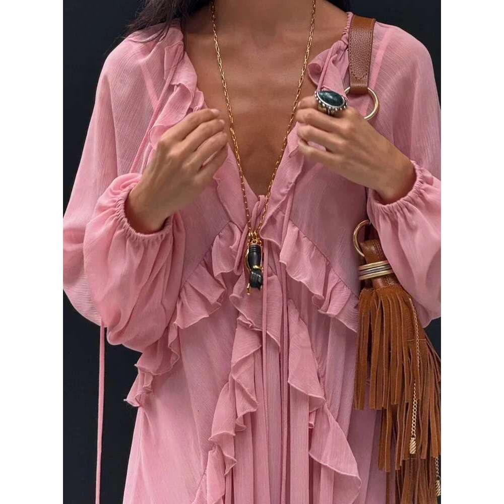 Elegant Solid Multiple Flounces Full Sleeve Robes Chic Loose V Neck Lace Up Pleated Dresses New Lady Summer Party Club Gown 2025 Designer