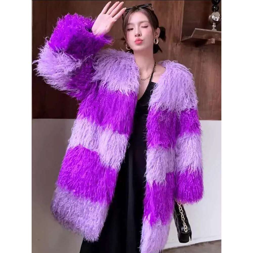 ZADORIN 2025 Fluffy Faux Sheep Coat Women Contrast Color V Neck Long Winter Jackets Woman Clothes Warm Fur Coats