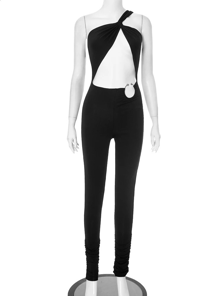 Weird Puss Sexy Hollow Jumpsuits Women Irregular Single Shoulder Strap Sleeveless Skinny Peach Hip Midnight Fashion Overalls 250519