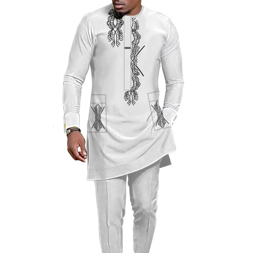Designer Clothing Muslim Ethnic Printed Traditional Robe Set Splicing Men's Shirt With Pants 2025 New Style