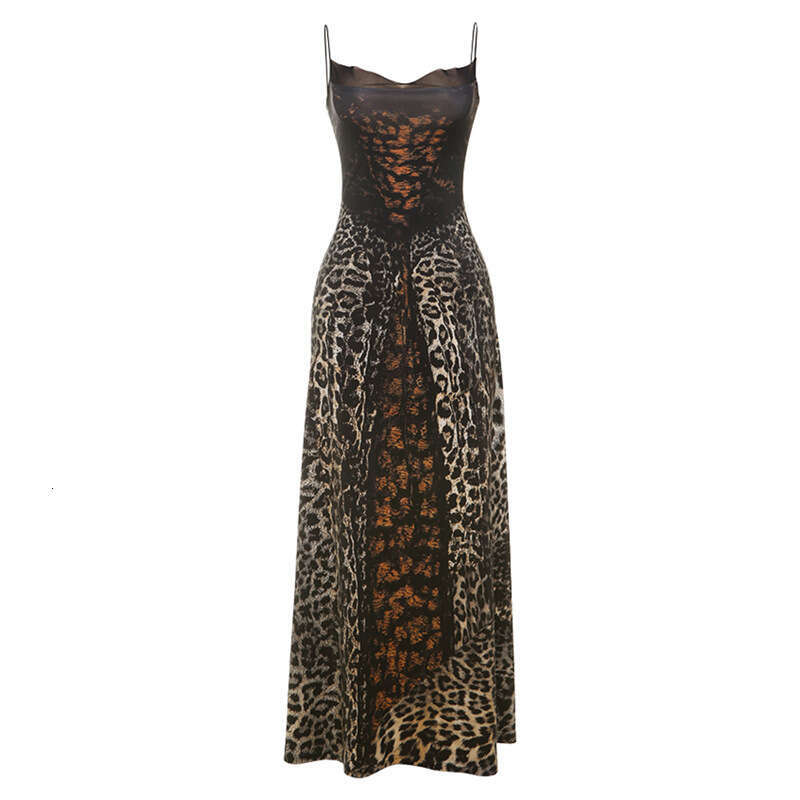 Halter Dress Wind Summer New Fashionable Personalized Street Trend Leopard Print Strap Waist Dress Maxi Dress