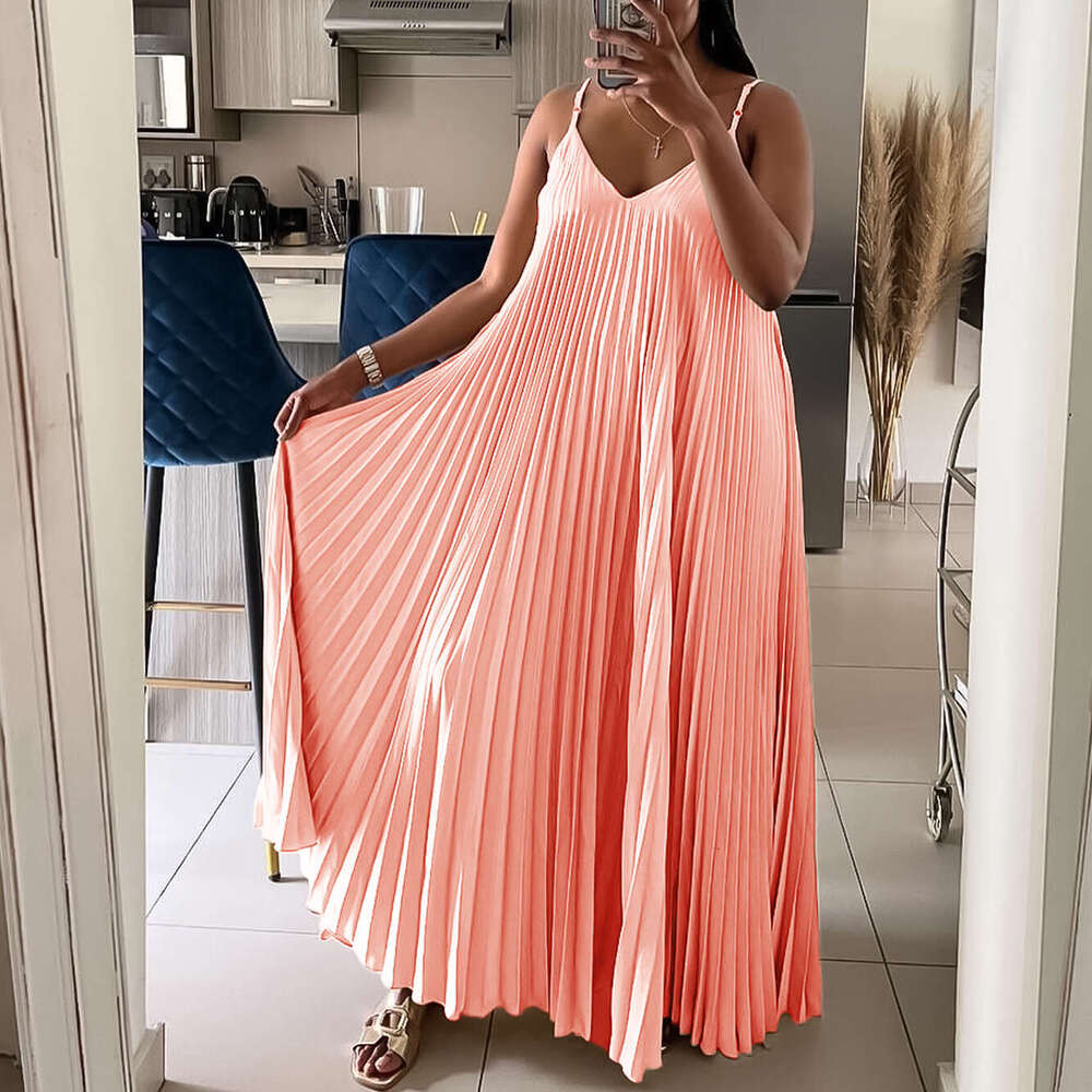 Women's Wear Women's New Summer Vacation Style Pleated V-Neck Beach Strap Long Dress