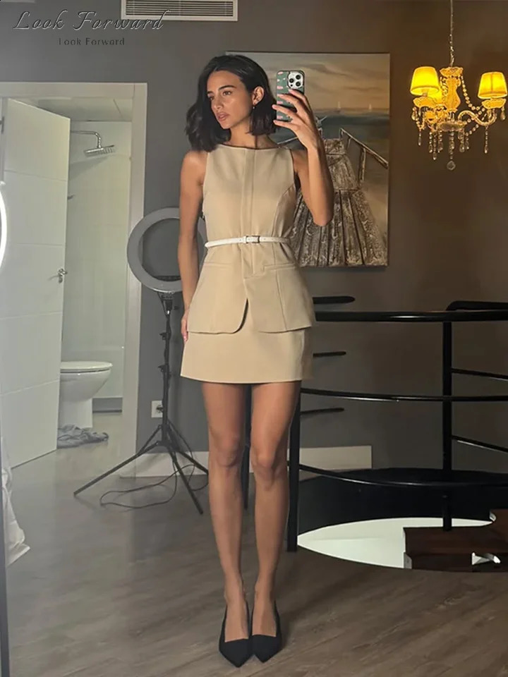 Casual Mini Dress Women Belt Slim Spring Summer O-neck Sleeveless Top Above Knee Skirt Sets Woman Vintage Two Pieces Lady 250519