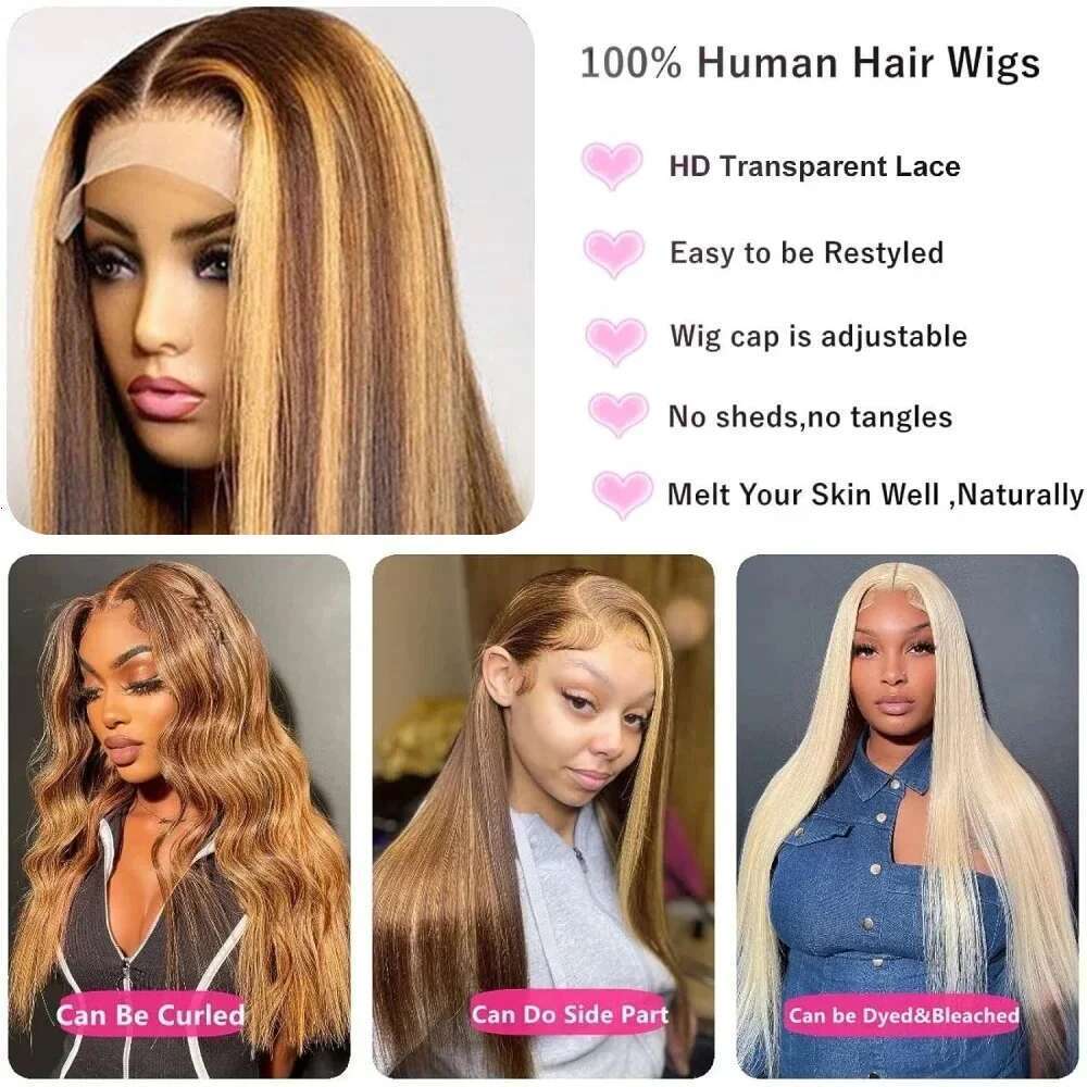 50 52 Long Inch Highlight 13x4 13x6 HD Lace Frontal Wig P4/27 Colored Straight Human Wigs For Women 200 Density Remy Hair