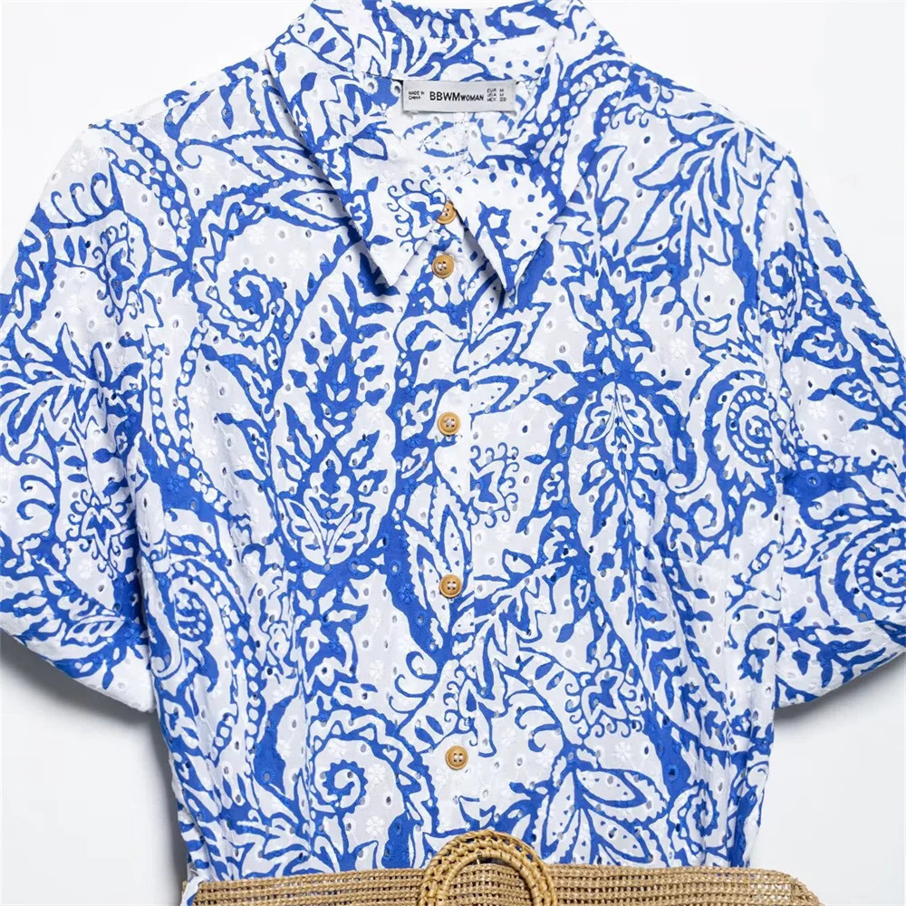 Womens Casual Elegant n with European and American Style Belt Hollow Printed Shirt Dress 250520