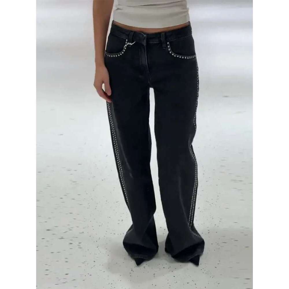 Punk Pant Edge Rivet Women's Jeans Black Denim Loose Straight Mopping Pants Female 2025 Fashion New All-match Lady Trousers