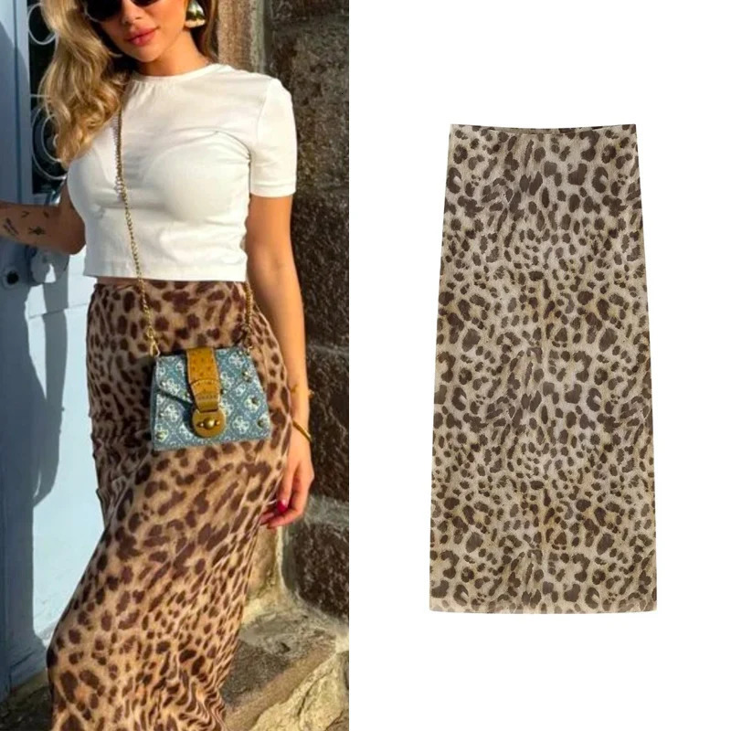 TRAF Leopard Long Skirts Womens Spring Summer Autumn Elegant Party Printed Ladies Fashion Casual Office Midi 250520