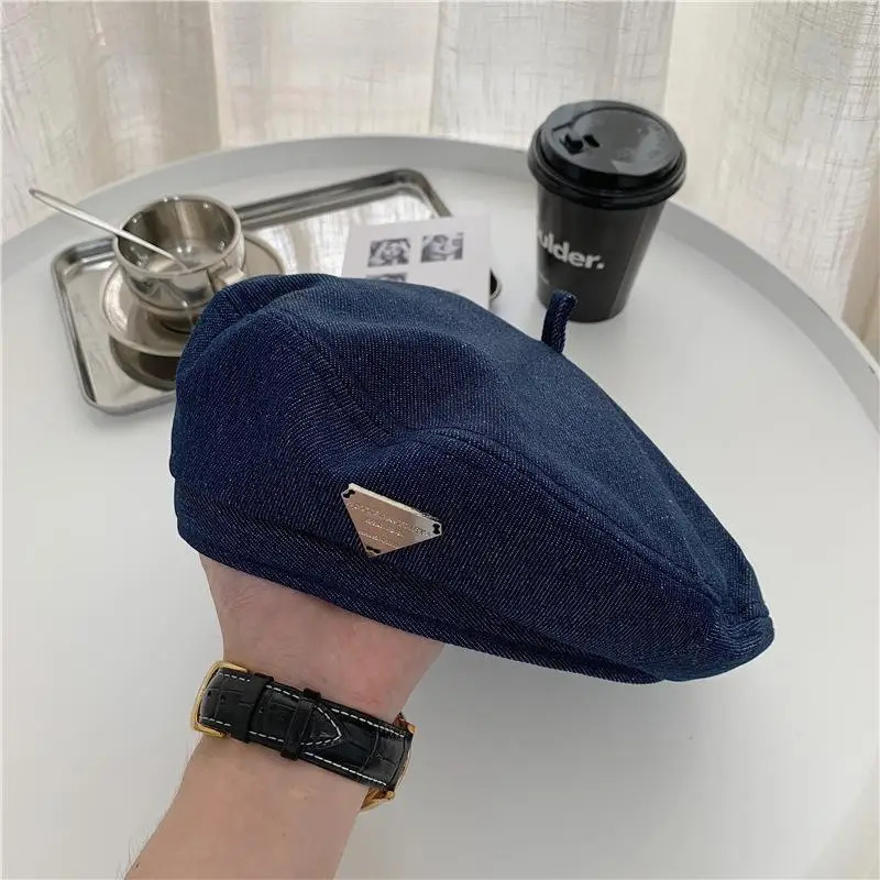 Female Metal Label Cowboy Cotton Denim Beret Women Versatile Painter Hat Headwear Berets Caps 250520