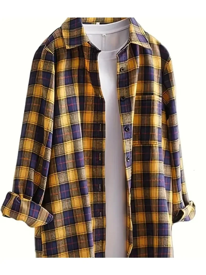 Plus Size 1XL5XL Women Shirt Casual Blouse Ladies Plaid Print Button Up Long Sleeve Turn Down Collar 250520