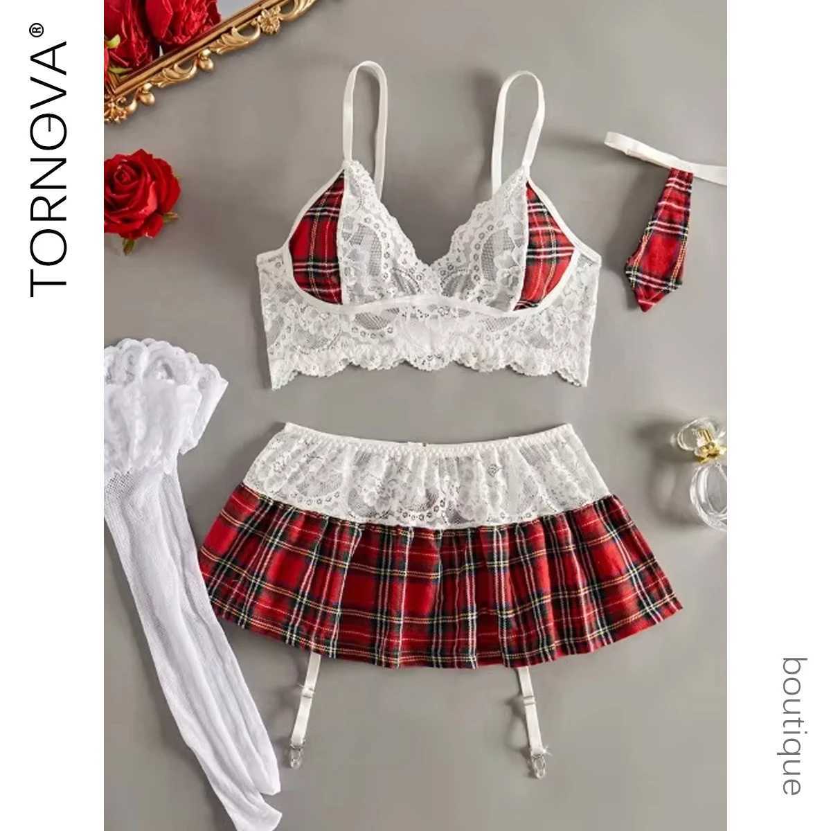 Sexy Lingerie Suit Women Plaid Suit Lace Hollow Lace Tie Role-playing Sexy College Uniform Mesh See-through Underwear R250520