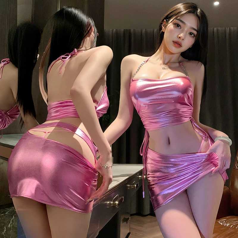 Sexy Lingerie Nightclub Uniform Temptation Passionate Patent Leather Chain Halter Bag Buttocks Skirt Womens Cosplay Costume R250520