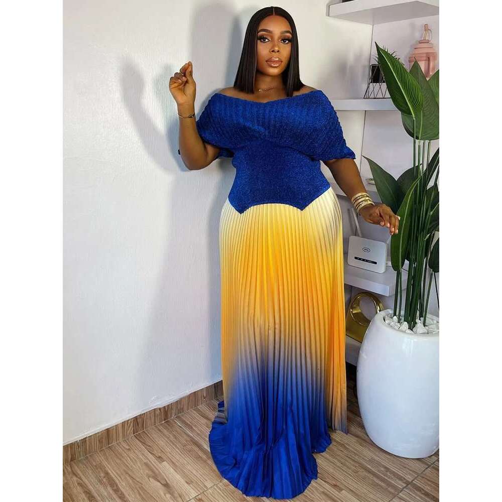 Women Plus Size Gradient Color Long Skirts And Tops Pleated 2 Piece Outfit Dubai Prom 2025 Casual For Female Fashion Sets