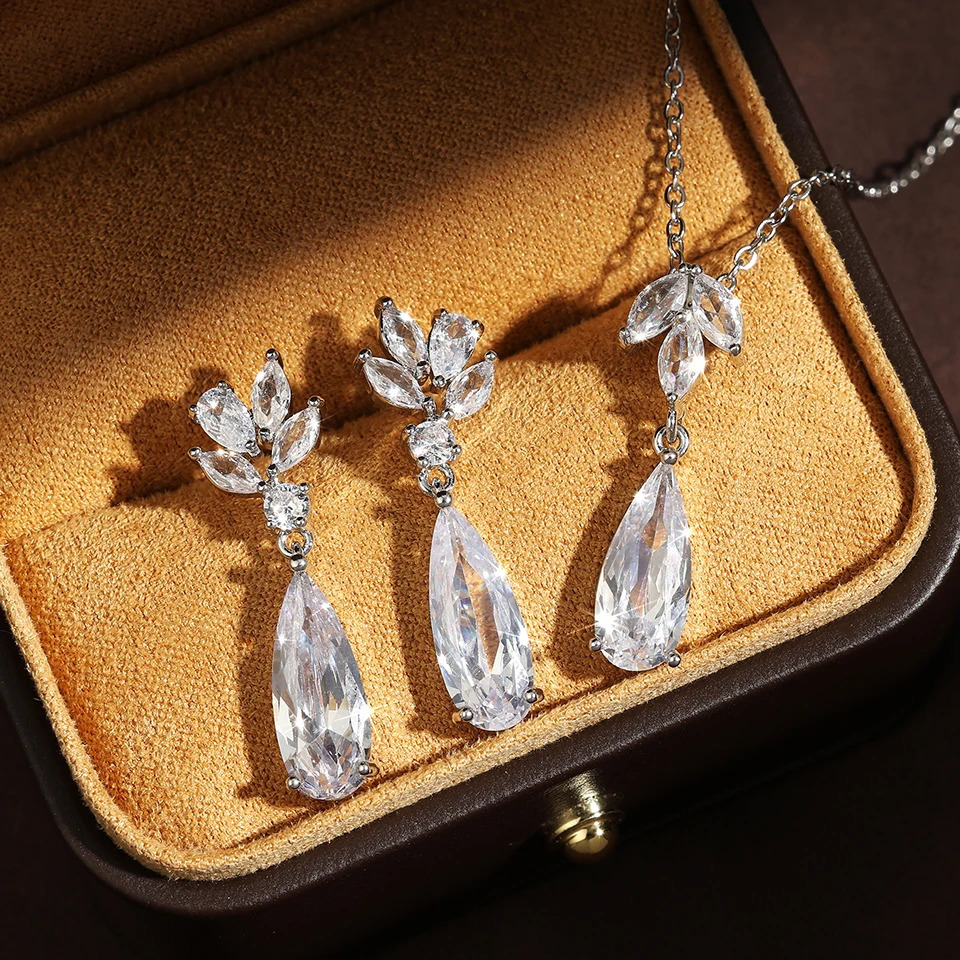 ZAKOL Shiny Teardrop Zircon Dangle Earring Necklaces for Women Elegant Shining Crystal CZ Wedding Jewelry Set With Gift Box 250520