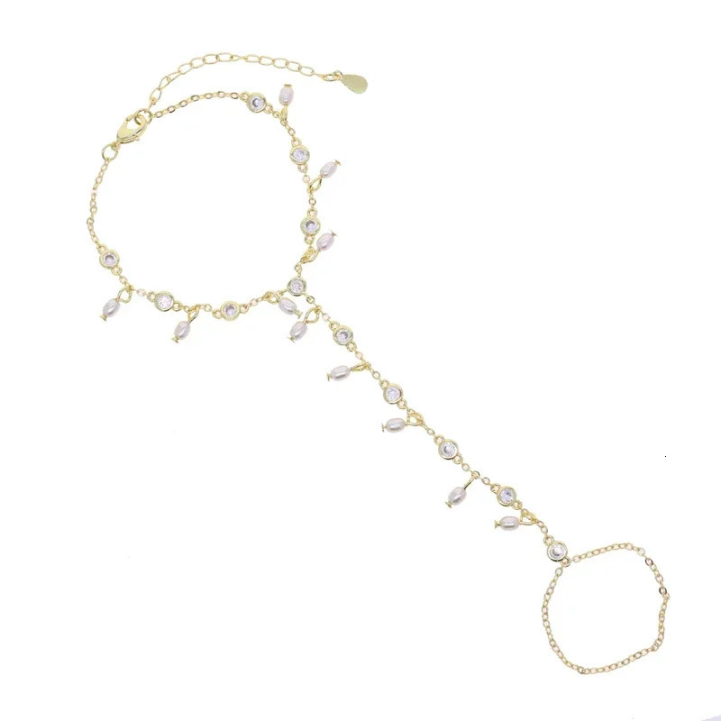 Gold Color Geometric Bezel CZ White Flash Pearls Beaded Drop Charm Tassel Elegance Women Hand Chain Bracelet 250520