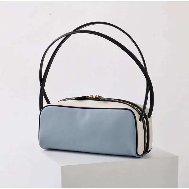 New Genuine Leather Pa Handbag Women's Contrast Color High-end Bowling Brand Shoulder Commuting Green Underarm Bag