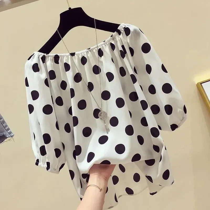 Red Polka Dot Print Chiffon Slash Neck Short Sleeve Loose Womens Blouse Shirt Korean Fashion Female Clothing Tops Summer 250520
