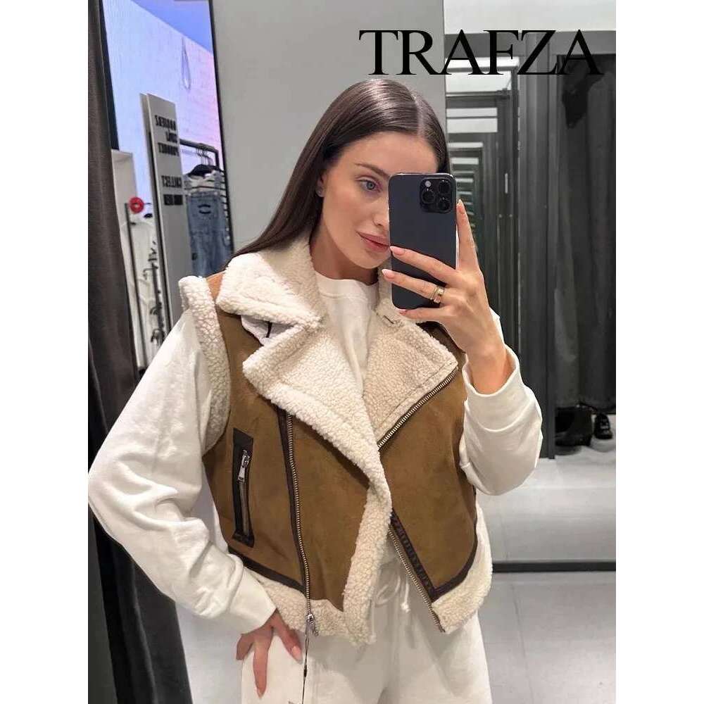 TRAFZA 2024 Winter Fashion Thickened Warm Zipper Jacket Imitation Leather Lamb Wool Patchwork Women's Slim Vest Y2k Designer