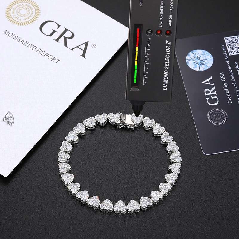 Unisex 3mm-5mm Heart 3 Row Tennis Moissanite Bracelet 925 Silver For Women Men Hip Hop Jewelry