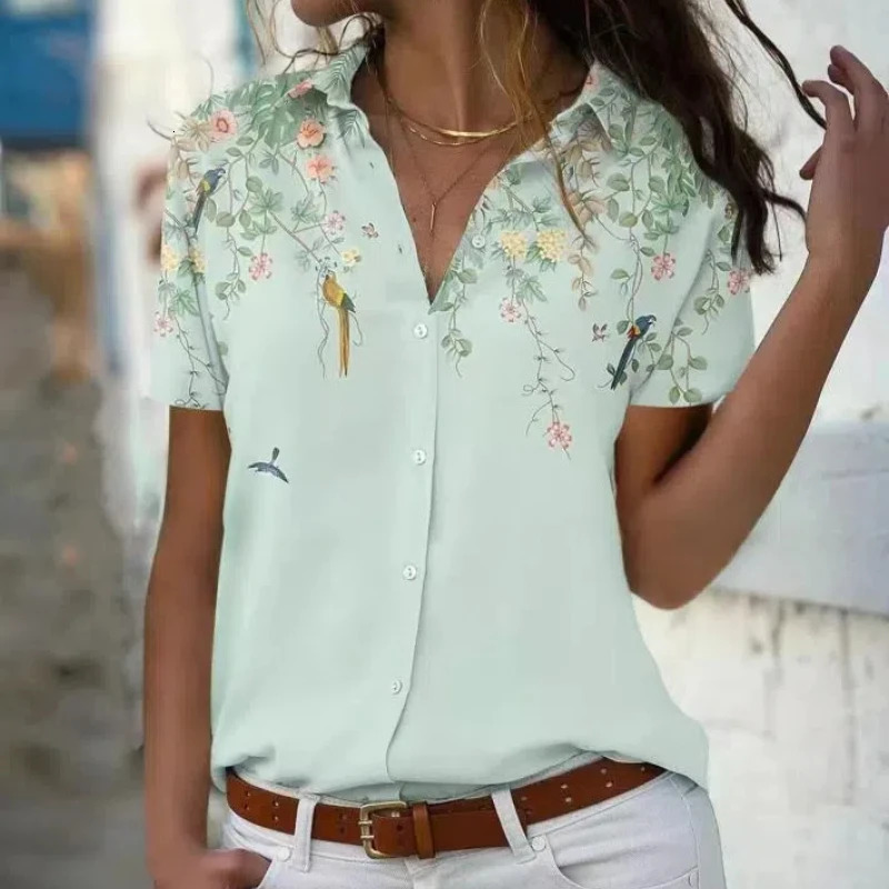 Womens Fashion Turn Down Collar Elegant Printed Top Casual Short Sleeve Loose Button Shirt 299 250514