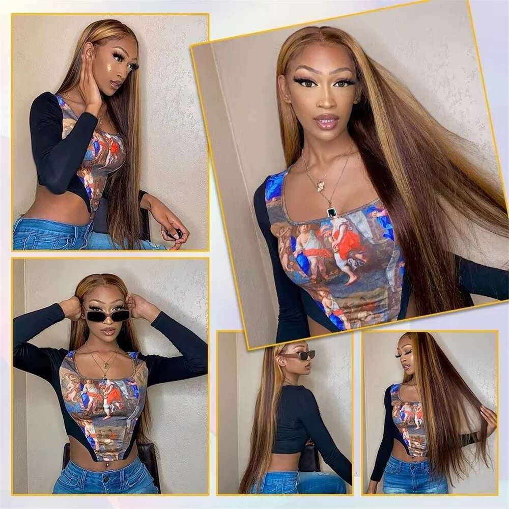 Highlight 13x6 Human Hair Honey Blonde Brown Colored HD Front Wigs For Women Pre Plucked Bone Straight Lace Frontal Wig