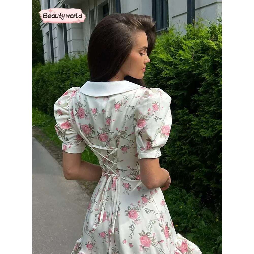 2025 Women Chic Floral Puff Sleeve Dresses Elegant Wrap Waist V Neck Summer Gowns Fashion Lady Lace Up Ruffled Casual Vestidos