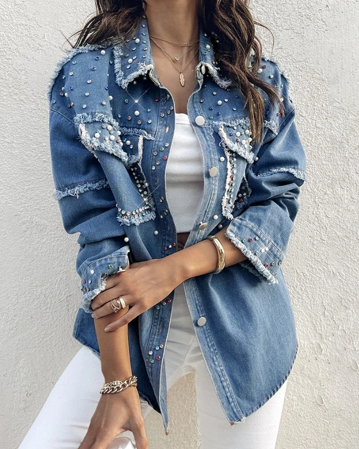 Trendy Womens Denim Jacket Colorful diamond decorated vintage denim jacket with pocket buttons long sleeved collar 250519