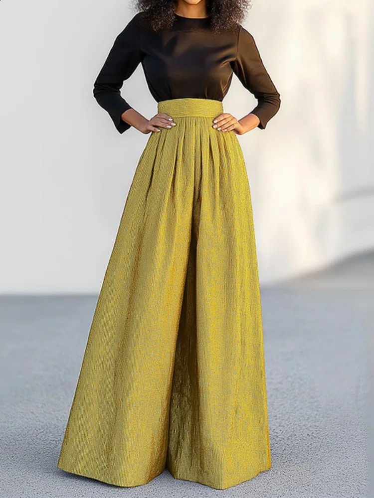 Missoo Womens Pants Elegant Gold Full Length Trouser Elastic High Waist Loose Long Leg Fashionable Bottom 250420