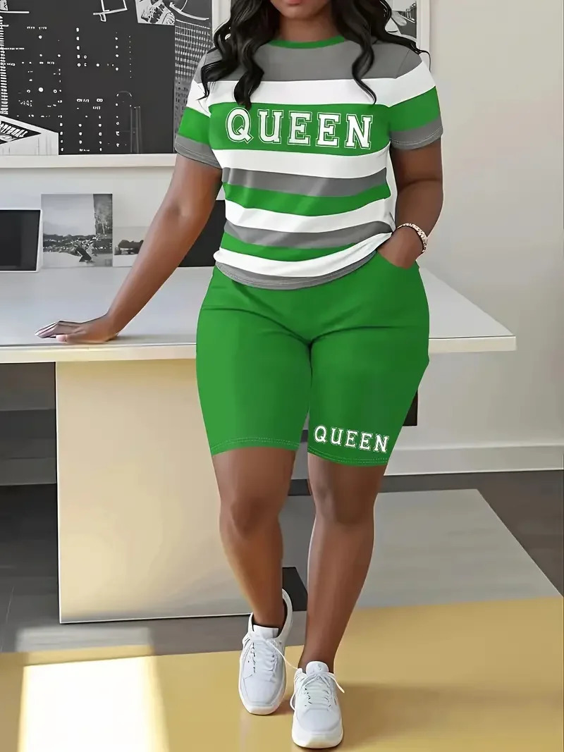 Plus Size Summer Outfits Biker Shorts Set Crew Neck Short Sleeve Positioning Printing Queen 2 Piece Women 250516