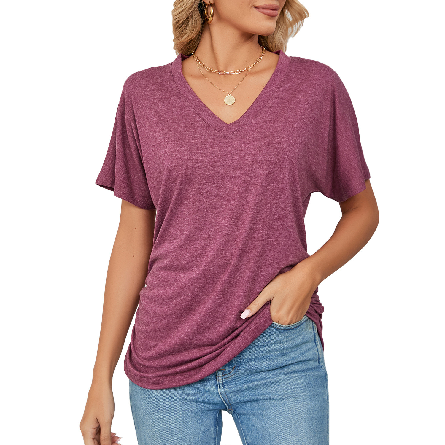 Designer Clothing 2025 Summer New Casual Pullover V-neck Solid Color Loose T-shirt Women's Top Fashionable