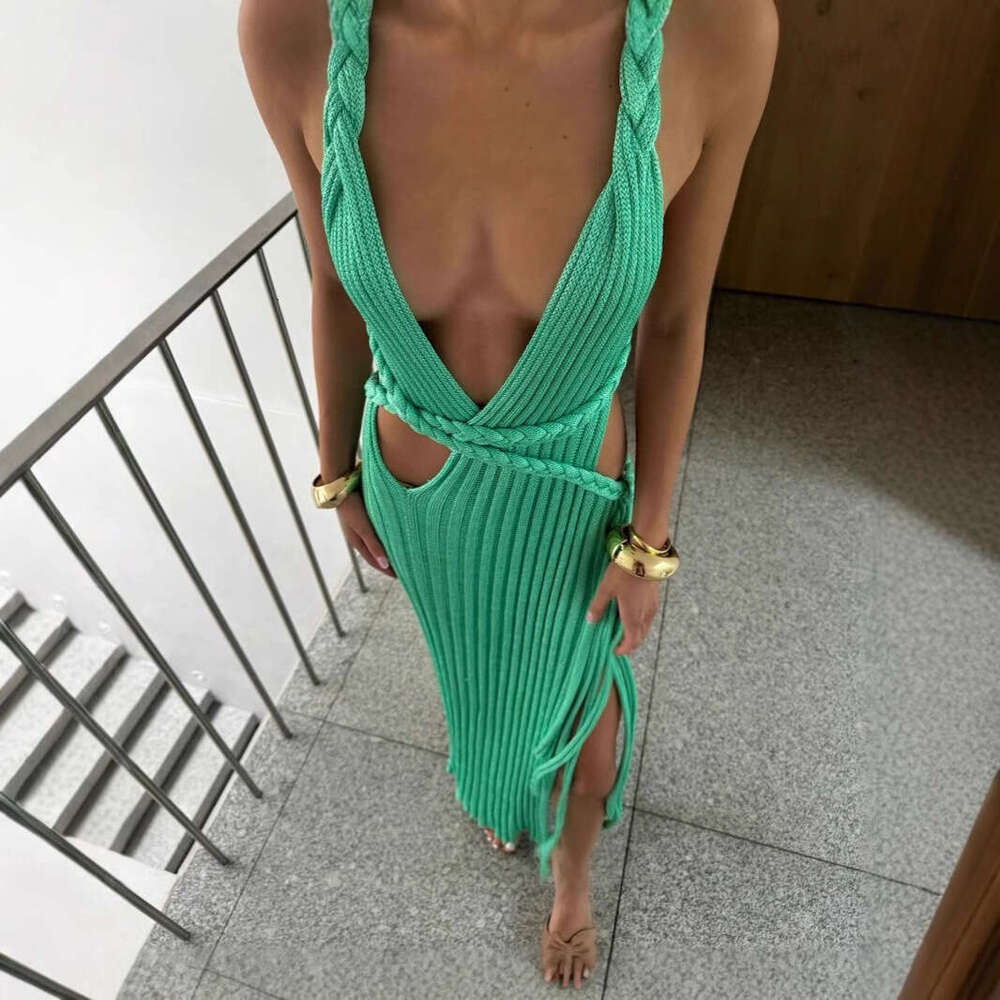 European and American design dress 2025 beach slim fit sexy backless cover shirt knitted suspender outer long skirt summer women's new style temp