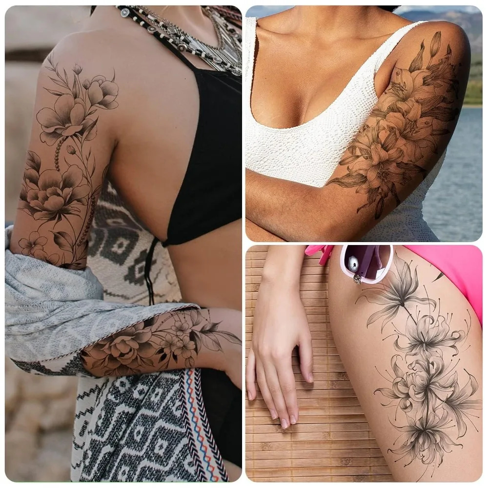 Half arm flower fake tattoo sleeves temporary realistic tattoo stickers for adult girls shoulders arms legs backs 250515