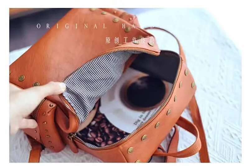 Fashion Vintage Designer Handmade Genuine Leather Women's Backpack Outdoor Travel Natural Real Cowhide Female Rivet Bookbag