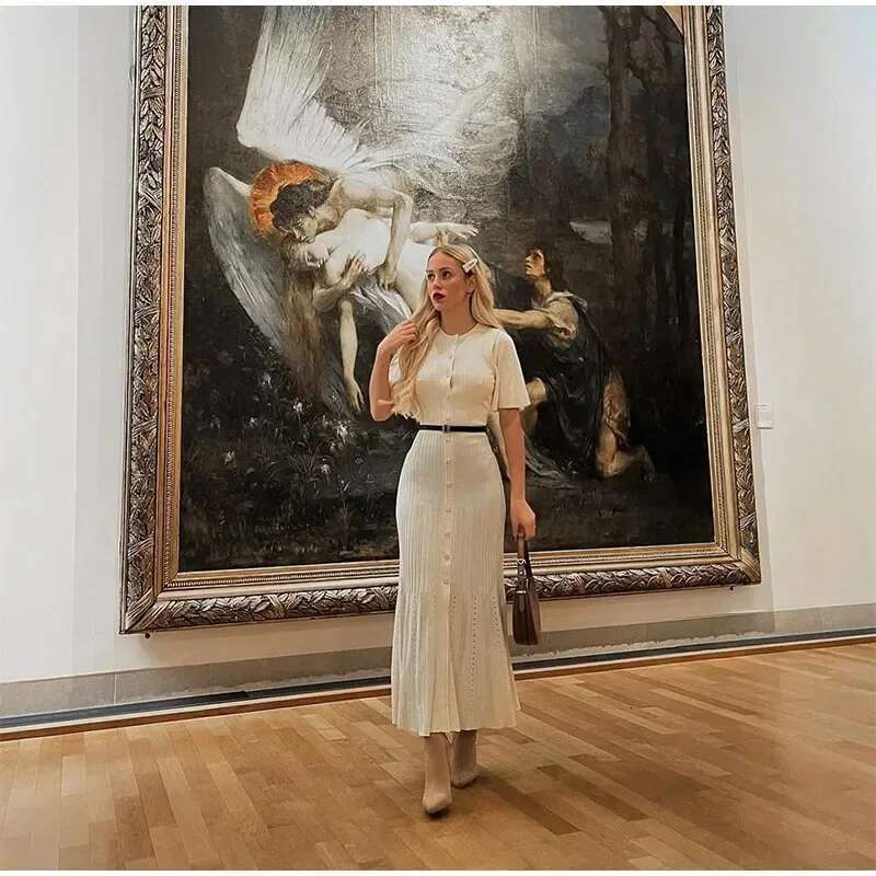 Elegant Knitted Patchwork Midi Dress Women's Short Sleeve High Waist Casual Single-Breasted Curvy Dresses Summer Black Apricot Designer