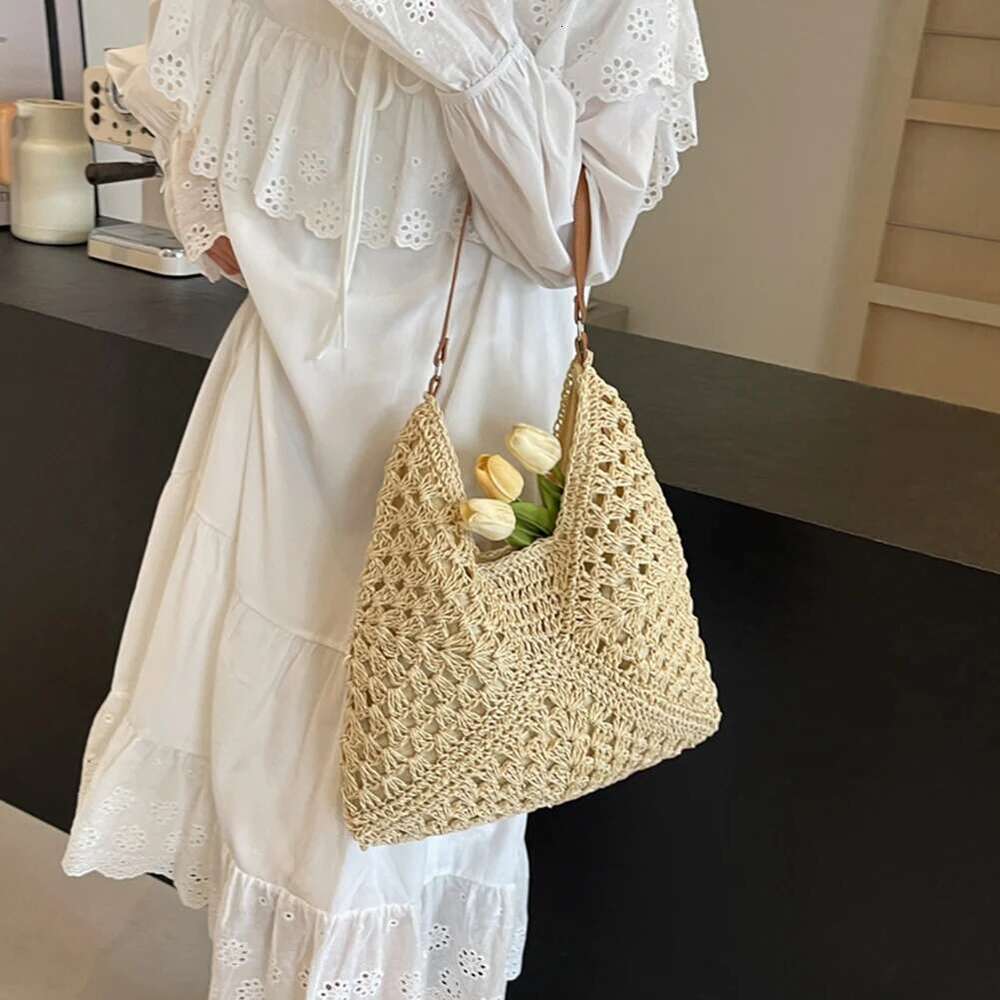 Summer Straw Hollow Out Tote Large Beach Bag Solid Color Holiday Travel Handbag Boho Shoulder Purse For Women