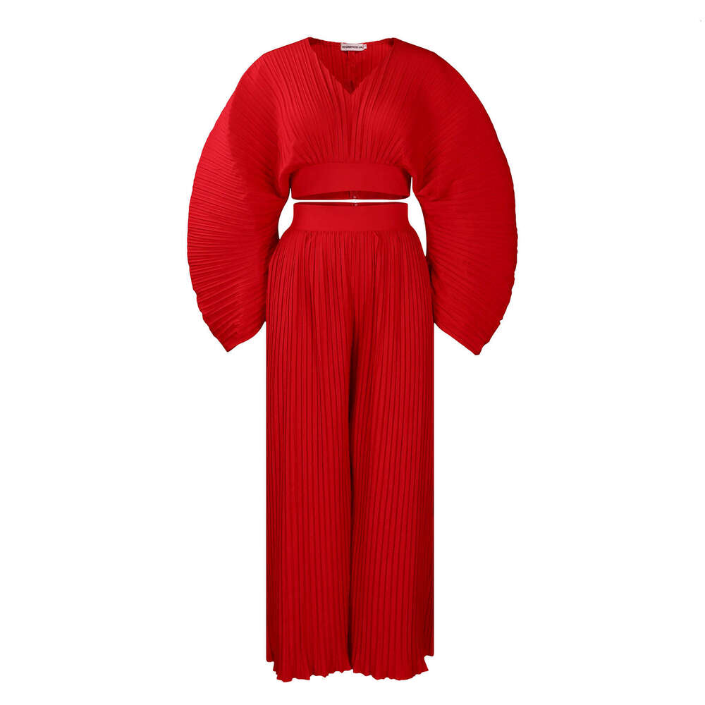 Women's Wear D3271 Women's New Spring Loose Pleated V-Neck Top Wide Leg Pants Two-Piece Set