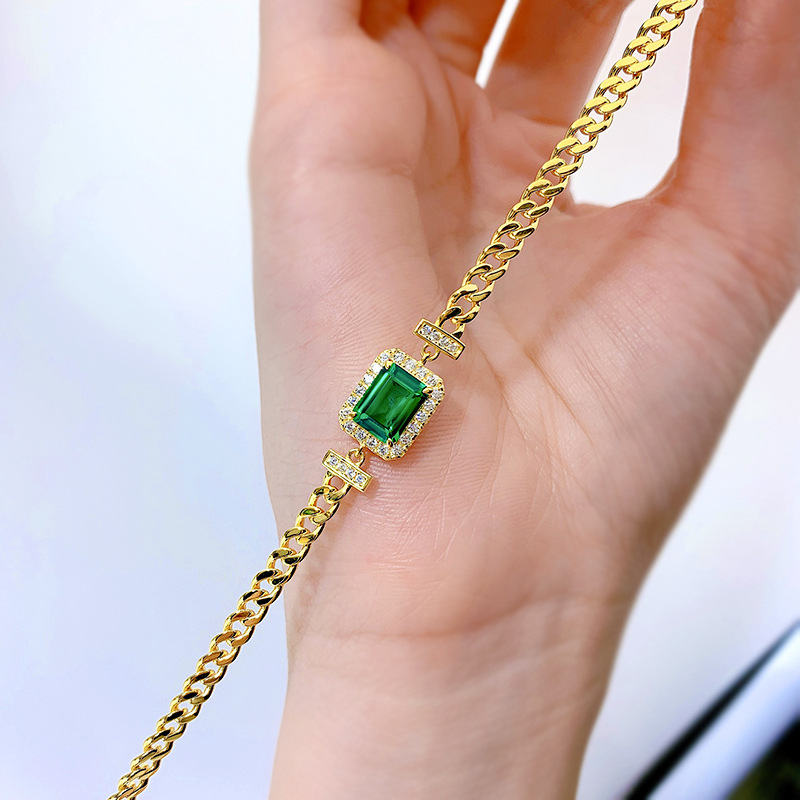 New S925 Sterling Silver Bracelet with 6x8mm Faux Emerald, Simple & Elegant Design for Women, Luxury Minimalist Jewelry