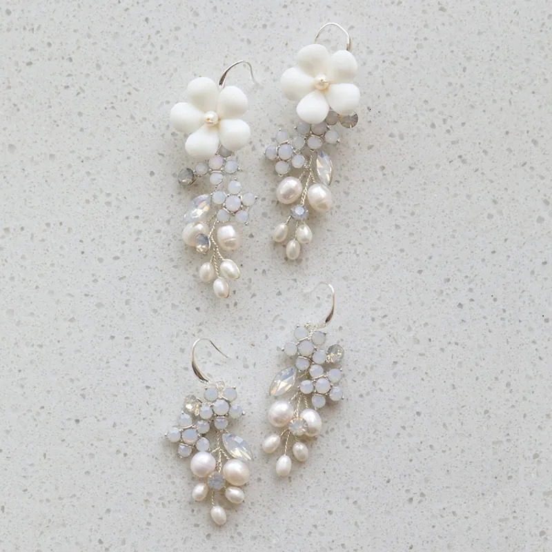 SLBRIDAL Ins Sparkling Opal Crystal Rhinestones Porcelain Flower Freshwater Pearls Bridal Wedding Earring Women Girls Earrings 250517