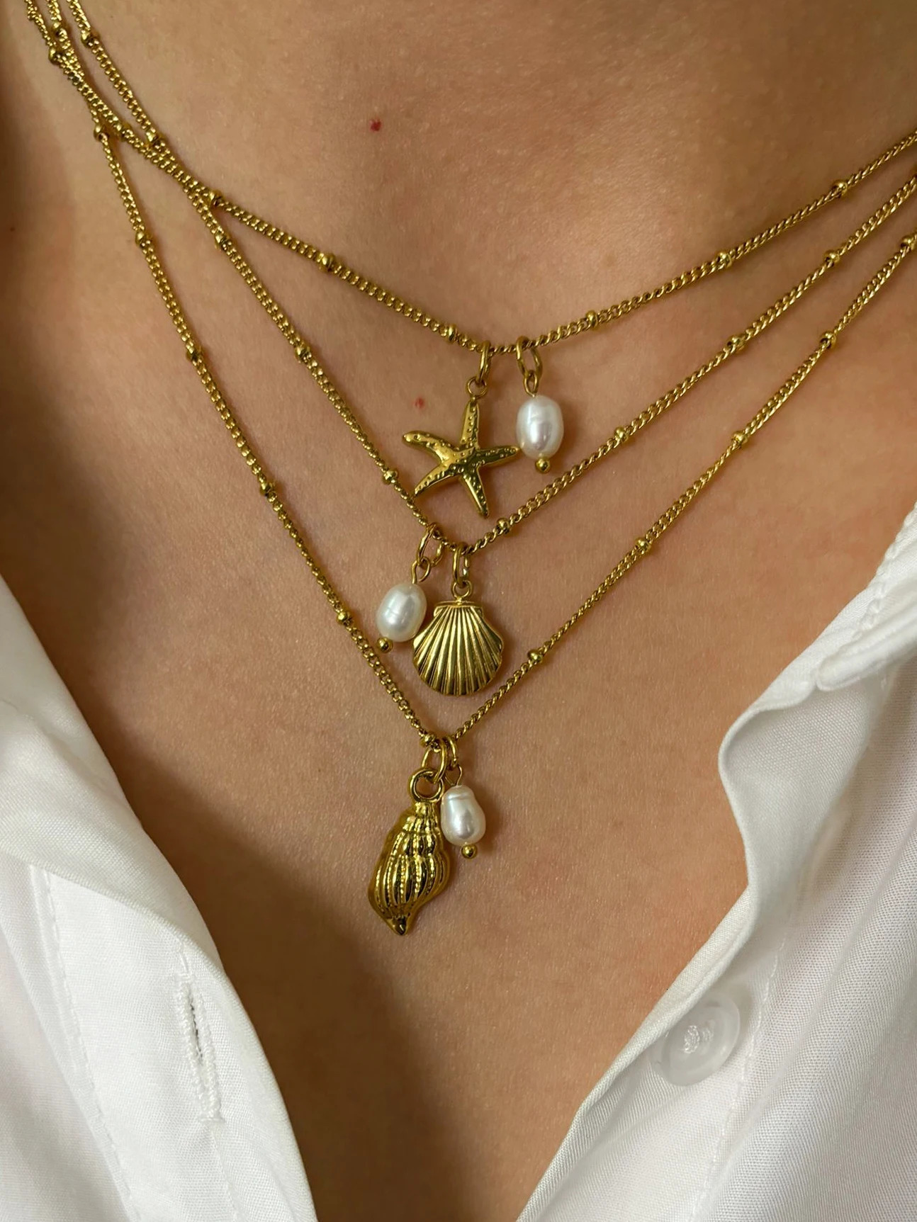 Perisbox Stainless Steel Ocean Series Jewelry Seahorse Conch Sea Turtle Natural Freshwater Pearl Womens Pendant Necklace Beach 250520