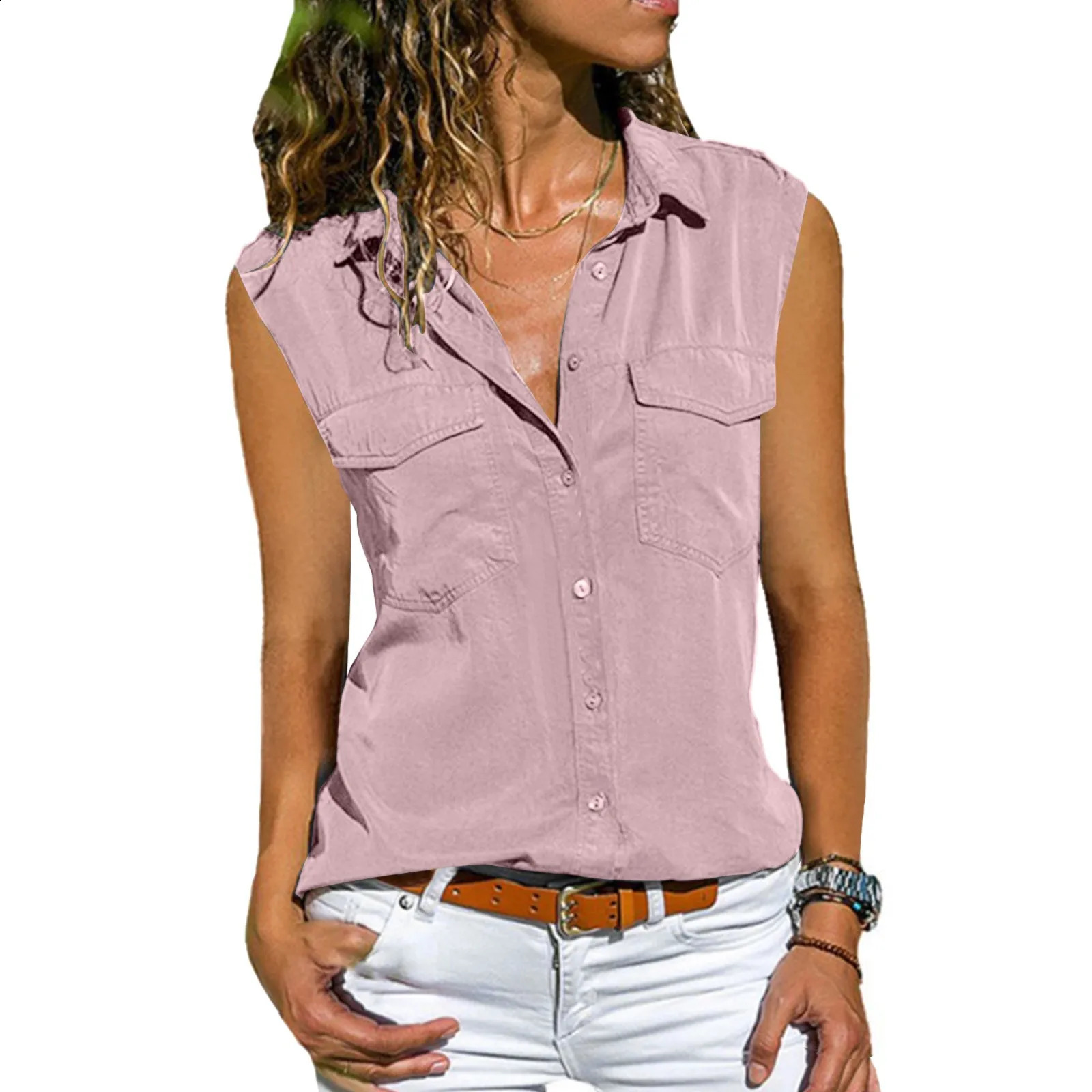 Women Casual Solid Sleeveless Blouse Turn Down Pockets Buttons Lapel Versatile TShirts Fashionable Street Outdoor Summer Top 250516Z