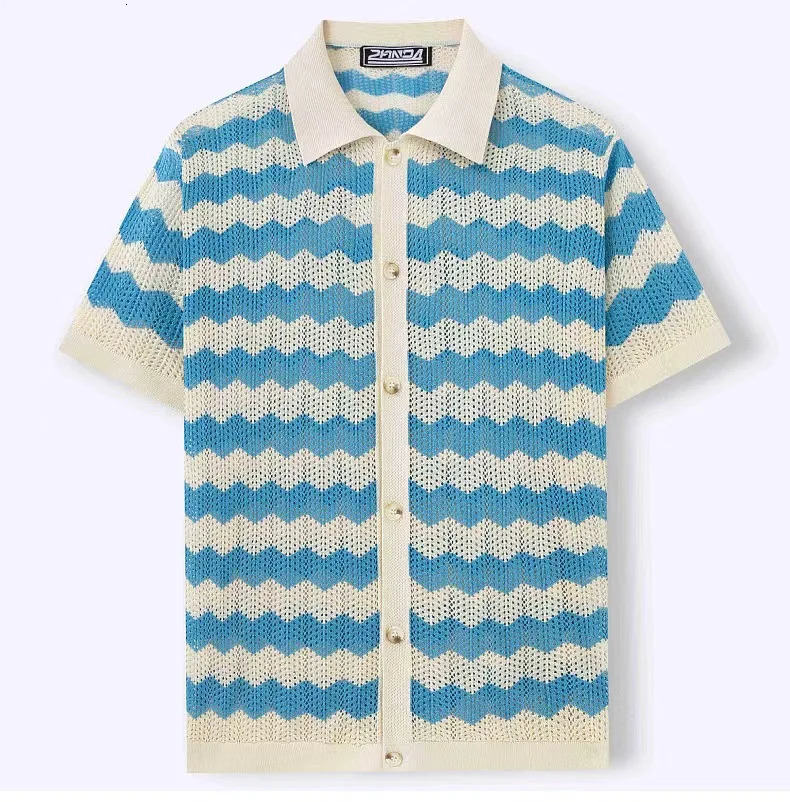 Summer Fashion Mens Knitting Shirts Vintage American Hollow Jacquard Corrugated Knit Cardigan Tops Men Buttoned Lapel Shirt 250520