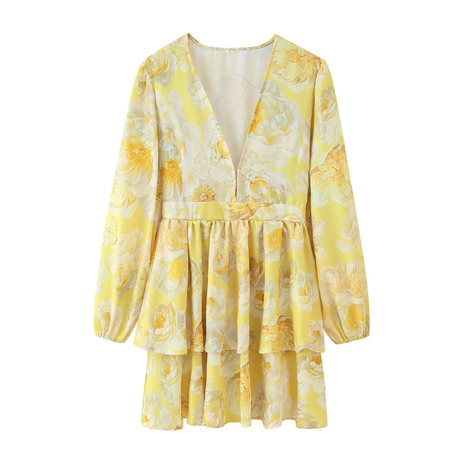 European and American style linen blended longsleeved Vneck dress holiday short skirt 250520