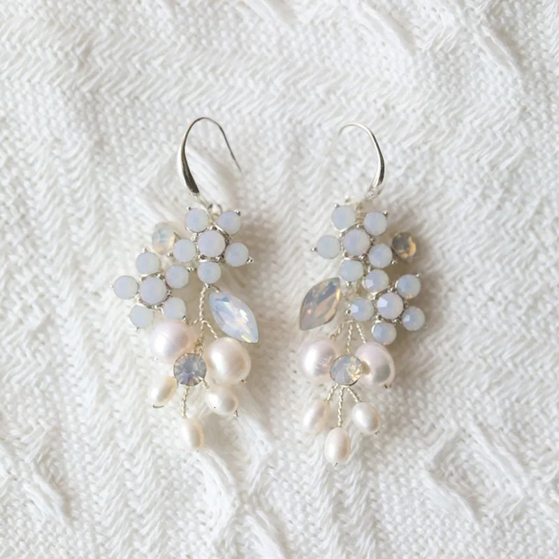 SLBRIDAL Ins Sparkling Opal Crystal Rhinestones Porcelain Flower Freshwater Pearls Bridal Wedding Earring Women Girls Earrings 250517