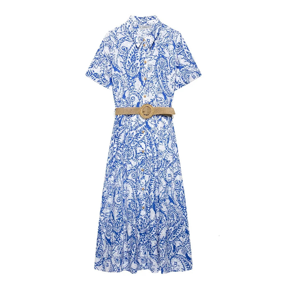 Womens Casual Elegant n with European and American Style Belt Hollow Printed Shirt Dress 250520