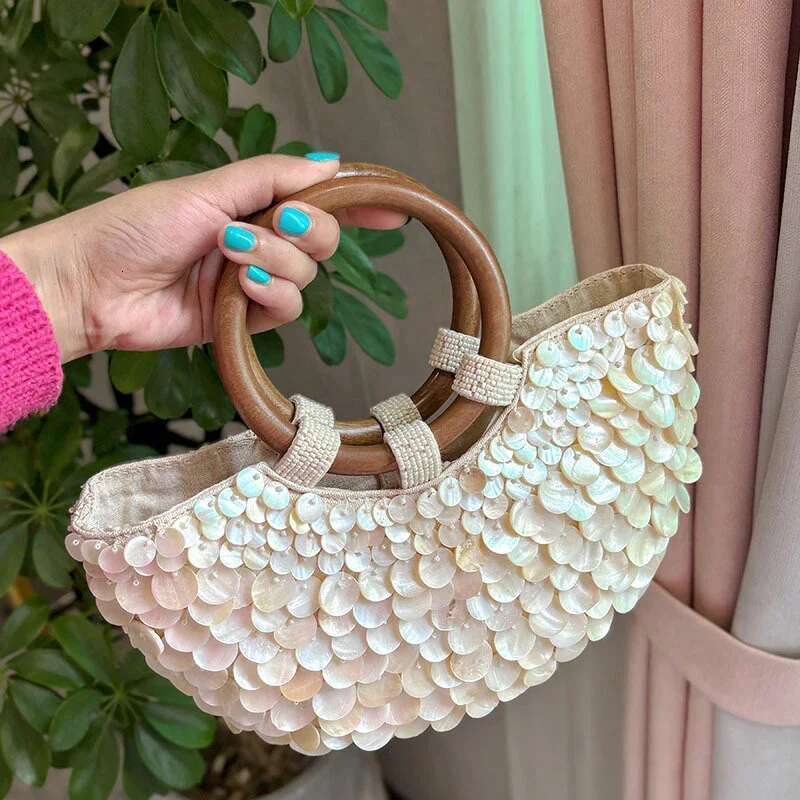 Designer Fairy Shell Handbag, Handmade Round Sequin Wooden Handle Tote Bag,Women Exquisite Beach Travel Vacation Purse